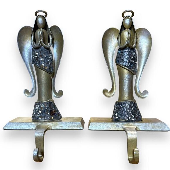 Pier 1 Imports Angel Christmas Stocking Hanger Holder Pair Iron Antique Pewter - Picture 2 of 16